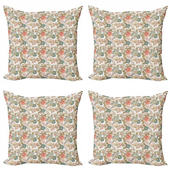 Flower Throw Pillow Cushion Case Pack of 4, Bloom Petals Vintage Rose Petals in Earth Tones Classic Oriental Flourish, Modern Accent Double-Sided Print, 4 Sizes, Pale Brown Coral Teal, by Ambesonne