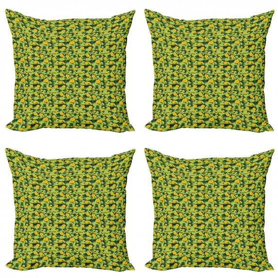 Flower Throw Pillow Cushion Case Pack of 4, Blooming Nature Design with Fresh Vibrant Foliage Hand Drawn Image, Modern Accent Double-Sided Print, 4 Sizes, Apple Green Orange, by Ambesonne