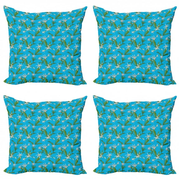 Flower Throw Pillow Cushion Case Pack of 4, Blooming Nature Pattern with Illustrated Lilies Spring Summer Theme, Modern Accent Double-Sided Print, 4 Sizes, Sky Blue Lilac and Green, by Ambesonne