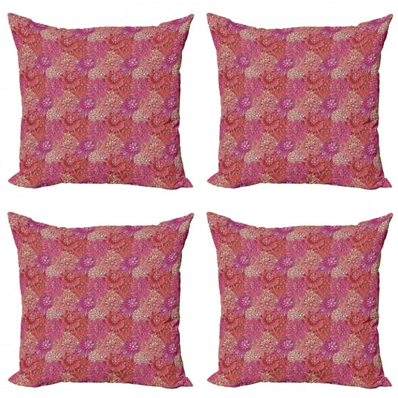 Flower Throw Pillow Cushion Case Pack of 4, Chrysanthemums Pattern Mums Bloom Plants Pompons Forms Vintage Feminine Vibrant, Modern Accent Double-Sided Print, 4 Sizes, Coral Pink Red, by Ambesonne