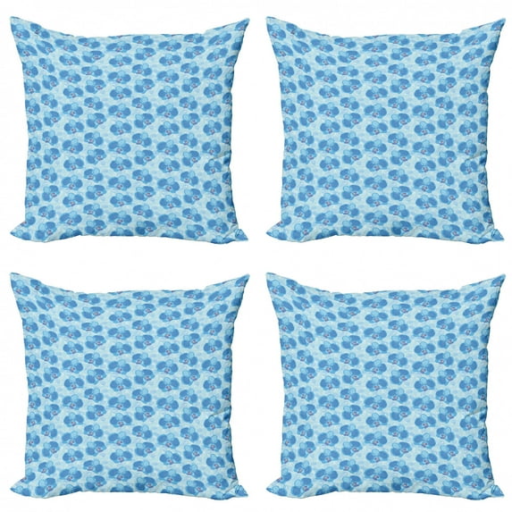 Ambesonne Flower Throw Pillow Cover 4 Pack, Soft Blue Orchid Blossoms, 16", Pale Blue Blue and White