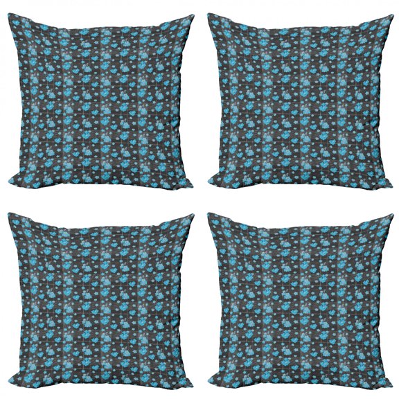 Ambesonne Flower Throw Pillow Cover 4 Pack, Blue Blossoms on Grid, 18", Charcoal Grey Yellow