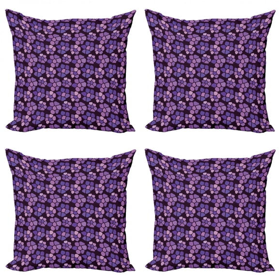 Flower Throw Pillow Cushion Case Pack of 4, Fractal Geometric Mosaic Style Pastel Petals Abstract Fashion Lilac Tones, Modern Accent Double-Sided Print, 4 Sizes, Dark Purple Violet, by Ambesonne