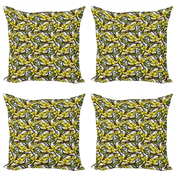 Flower Throw Pillow Cushion Case Pack of 4, Hand Drawn Ornamental Vanilla Flower Mexican Farmland Themed Doodle Illustration, Modern Accent Double-Sided Print, 4 Sizes, Multicolor, by Ambesonne