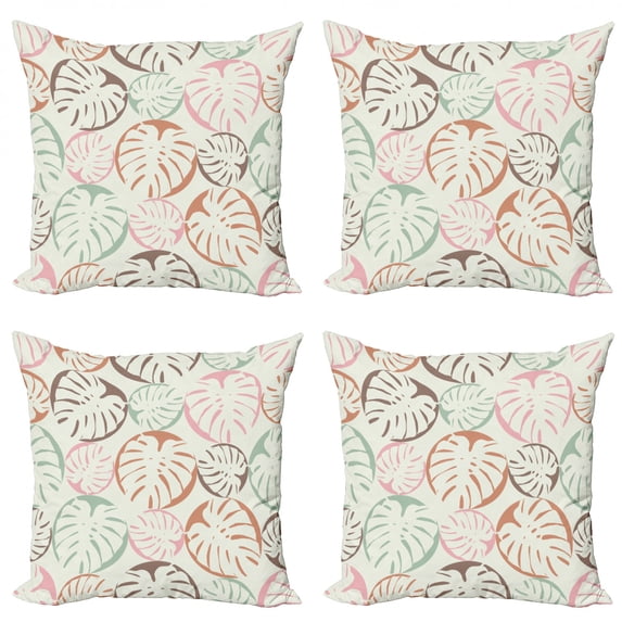 Flower Throw Pillow Cushion Case Pack of 4, Monstera Leaves Soft Pastel Toned Classic Old Fashioned Tropical Nature Jungle Motif, Modern Accent Double-Sided Print, 4 Sizes, Multicolor, by Ambesonne