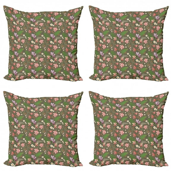 Flower Throw Pillow Cushion Case Pack of 4, Ornamental Garden Art Motifs Spring Season Growth Pattern with Ferns and Flowers, Modern Accent Double-Sided Print, 4 Sizes, Multicolor, by Ambesonne
