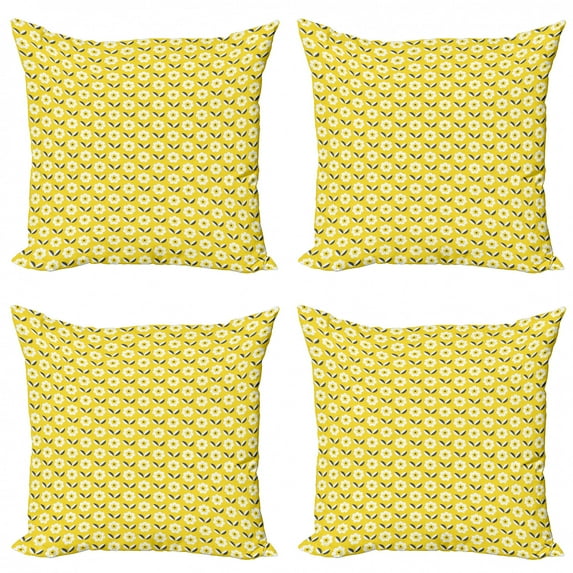 Ambesonne Flower Throw Pillow Cover 4 Pack, Floral Spring Pattern, 24", Charcoal Grey Yellow