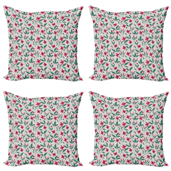 Flower Throw Pillow Cushion Case Pack of 4, Shabby Iris Field with Leaves Blooms Spring Bouquet Flourishing Nature, Modern Accent Double-Sided Print, 4 Sizes, Dust Pink Jade Green, by Ambesonne