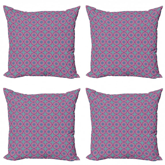 Flower Throw Pillow Cushion Case Pack of 4, Traditional Flower Design Colorful Blooming Geometric Petals Print, Modern Accent Double-Sided Print, 4 Sizes, Turquoise Peach and Pink, by Ambesonne