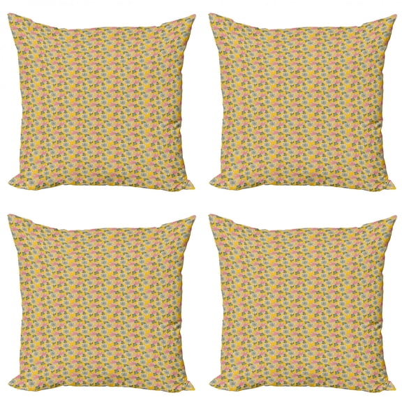 Flower Throw Pillow Cushion Case Pack of 4, Tropical Hibiscus Flowers in Retro Colors on Checkered Backdrop Exotic Beauty Theme, Modern Accent Double-Sided Print, 4 Sizes, Multicolor, by Ambesonne