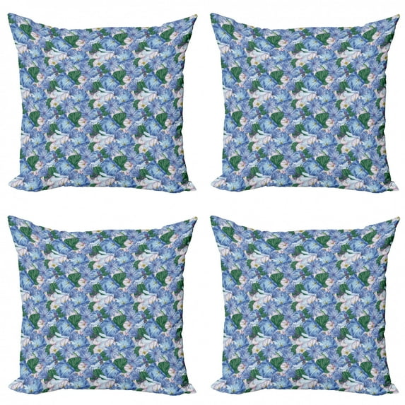 Flower Throw Pillow Cushion Case Pack of 4, Vibrant Blossom Bouquets Petals Leaves Gardening Vintage Beauty Motif, Modern Accent Double-Sided Print, 4 Sizes, Forest Green Violet Blue, by Ambesonne