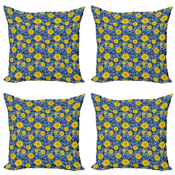 Ambesonne Flower Throw Pillow Cover 4 Pack, Lily Blossoms Paintbrush, 16", Dark Blue Yellow White