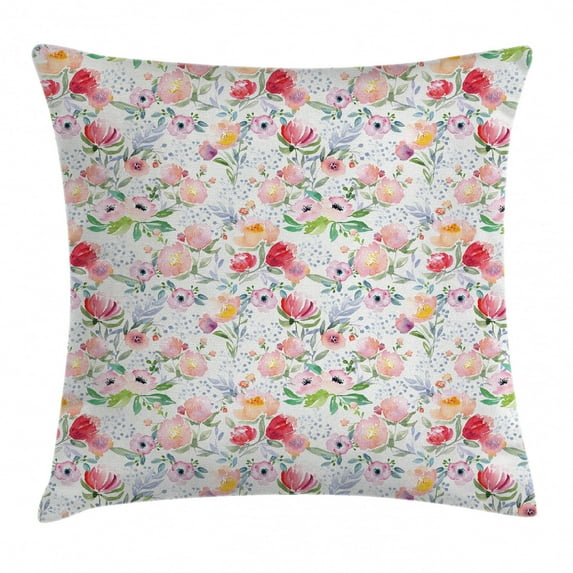 Flower Throw Pillow Cushion Cover, Colorful Watercolor Effect Spring Flowers with Leaves English Country Design, Decorative Square Accent Pillow Case, 24 X 24 Inches, Pink Green Red, by Ambesonne