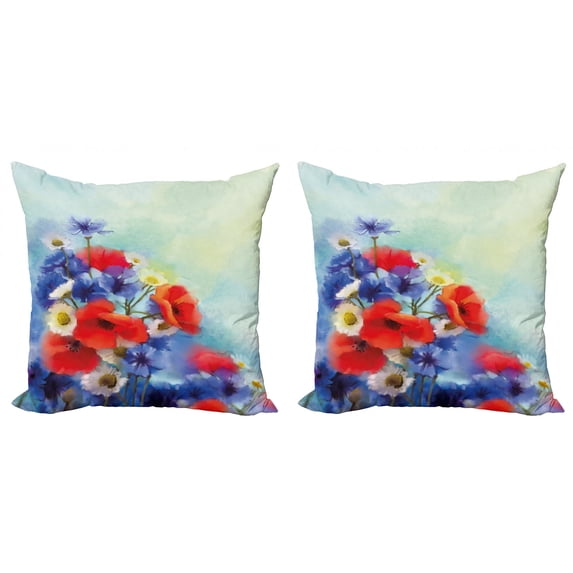 Ambesonne Floral Throw Pillow Cover 2 Pack, Poppy Chamomile Bouquet, 24", Red Blue