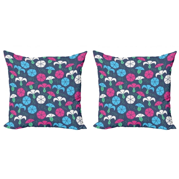 Flower Throw Pillow Cushion Cover Pack of 2, Colorful Silhouettes of Bindweed with Ornate Swirls and Curls on a Dark Background, Zippered Double-Side Digital Print, 4 Sizes, Multicolor, by Ambesonne