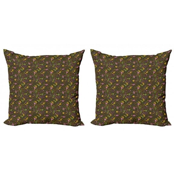 Flower Throw Pillow Cushion Cover Pack of 2, Doodle Blooming Foliage and Petals Flourishing Nature Pattern on Dark Background, Zippered Double-Side Digital Print, 4 Sizes, Multicolor, by Ambesonne