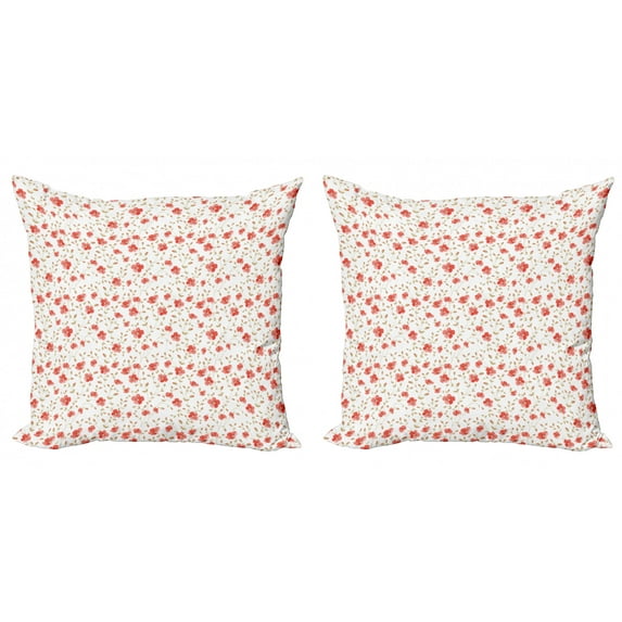 Ambesonne Vintage Throw Pillow Cover 2 Pack, Peony Flowers Blooms, 20", Dark Coral White