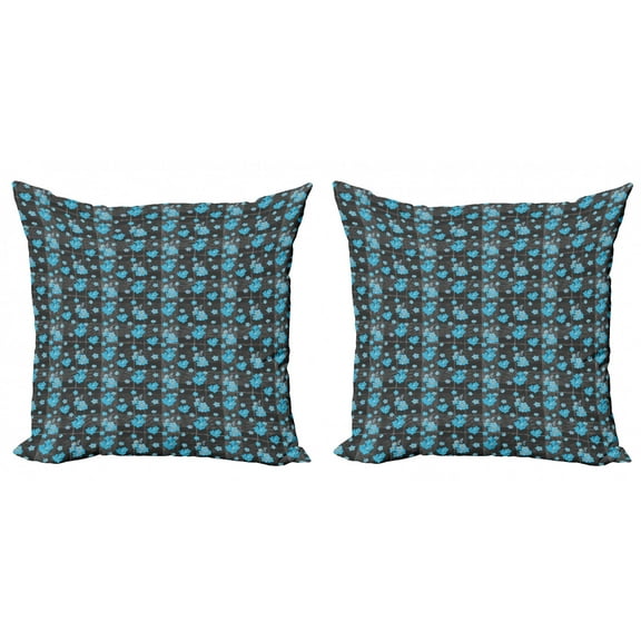Ambesonne Flower Throw Pillow Cover 2 Pack, Blue Blossoms on Grid, 24", Charcoal Grey Yellow