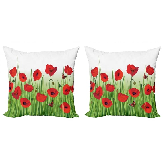 Ambesonne Poppy Flower Throw Pillow Cover 2 Pack, Butterfly Flower, 24", Green and Red