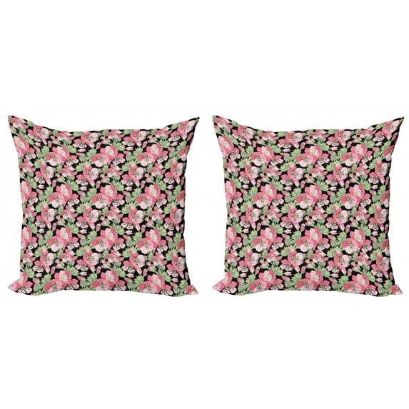 Flower Throw Pillow Cushion Cover Pack of 2, Hand Drawn Composition of Flowers Japanese Cherry Blossom Pattern with Green Leaves, Zippered Double-Side Digital Print, 4 Sizes, Multicolor, by Ambesonne