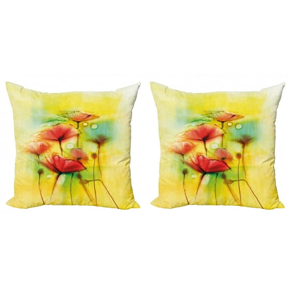 Ambesonne Floral Throw Pillow Cover 2 Pack, Poppy Flowers Blossom, 20", Yellow Red