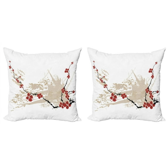 Ambesonne Grunge Throw Pillow Cover 2 Pack, Japan Sakura Flowers, 24", Beige White Red