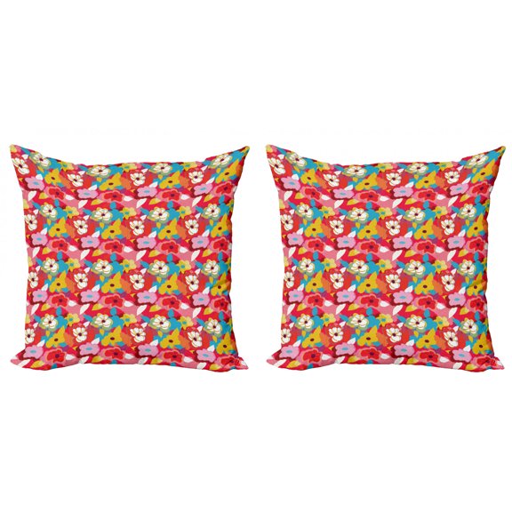 Flower Throw Pillow Cushion Cover Pack of 2, Modern Mixed Blossoms with Abstract Digital Dots Vibrant Tropical Print, Zippered Double-Side Digital Print, 4 Sizes, Multicolor, by Ambesonne