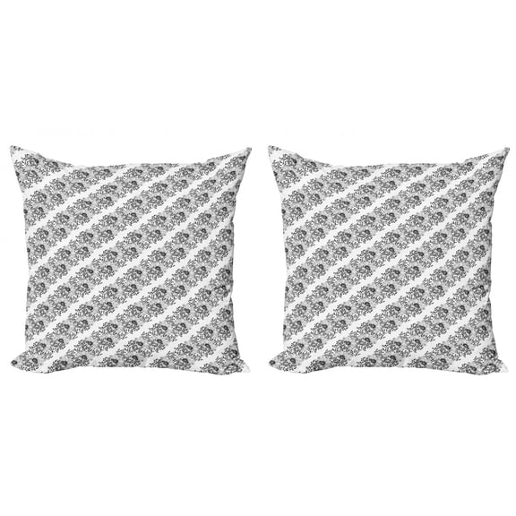 Flower Throw Pillow Cushion Cover Pack of 2, Monochrome Style Vintage Pattern of Outline Floral Damask with Leaves, Zippered Double-Side Digital Print, 4 Sizes, Charcoal Grey and White, by Ambesonne