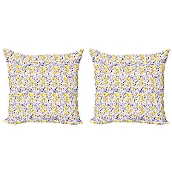 Ambesonne Spring Throw Pillow Cover 2 Pack, Rural Flowers and Leaves, 20", Yellow Purple White