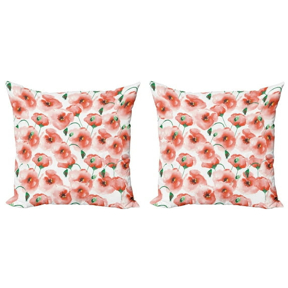 Ambesonne Poppy Flower Throw Pillow Cover 2 Pack, Soft Color Garden Twig, 16", Scarlet and Green