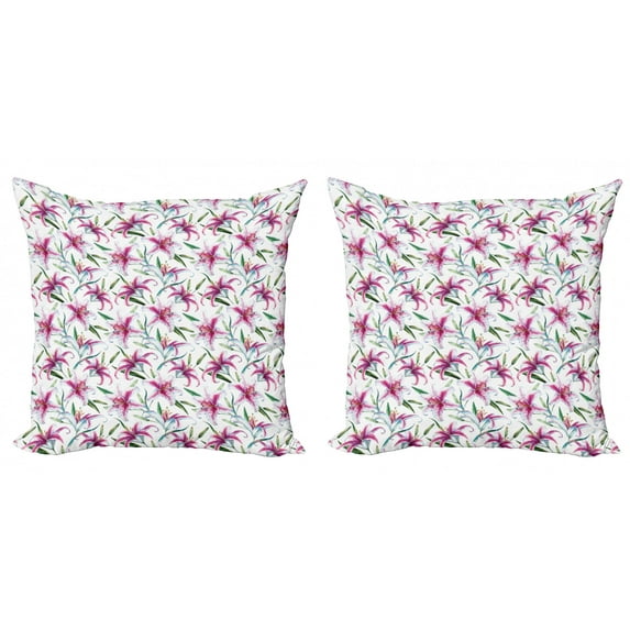 Ambesonne Nature Throw Pillow Cover 2 Pack, Vivid Wild Lily Flora, 18", Purple Green