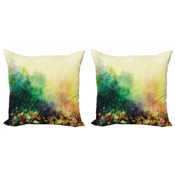 Ambesonne Floral Throw Pillow Cover 2 Pack, Wild Flowers on Meadow, 24", Green Mustard