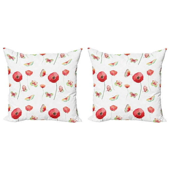 Ambesonne Vintage Throw Pillow Cover 2 Pack, Poppy Butterfly Romance, 18", Coconut and Red