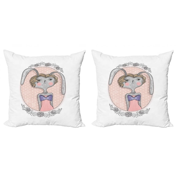Ambesonne Flower Throw Pillow Cover 2 Pack, Bunny Portrait, 20", Multicolor