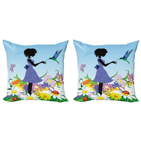 Ambesonne Flower Throw Pillow Cover 2 Pack, Lawn Blossomed Flowers, 20", Multicolor