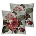 thumbnail image 1 of Flower Throw Pillow Cushion Cover, Shabby Form Romantic Design with Big Roses and Leaves Buds Hand Colored Image, Decorative Square Accent Pillow Case, Pink Red, 1 of 7