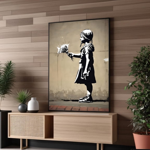 Flower Throwing Girl Canvas Art Print – Framed Or Unframed Banksy Style Graffiti Wall Decor For Urban Interiors, Unframed Poster Size 8x12