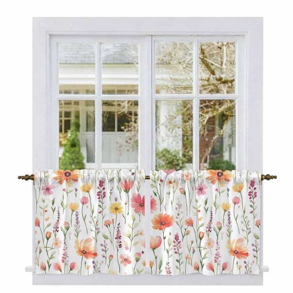 Flower Tier Curtains, Eucalyptus Plant Garden Red Floral Watercolor Light Filtering Kitchen Curtains, 2Pcs Rod Pocket Half Window Treatments Panels for Sink Cafe Cabinet Camper 27.5x24 Inches