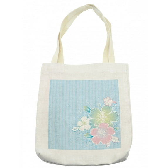 Flower Tote Bag, Bouquet of Hibiscus Flowers on Vertical Striped Background Soft Color Print, Cloth Linen Reusable Bag for Shopping Books Beach and More, 16.5" X 14", Cream, by Ambesonne