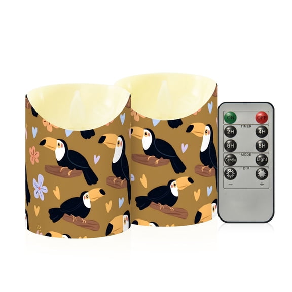 Flower Toucan Pattern Flameless Candles 2 PCS with Remote Realistic Moving Flame LED Tapered Pillar Set for Home Decor