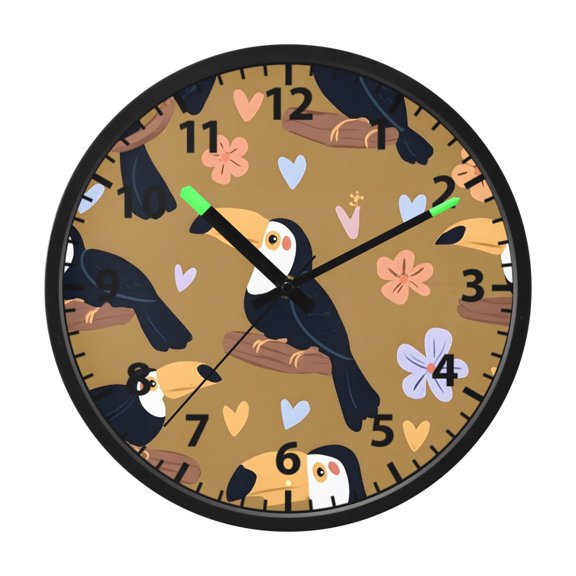 Flower Toucan Pattern Wall Clock 12 Inch Voice Activated Night Light Silent Non Ticking