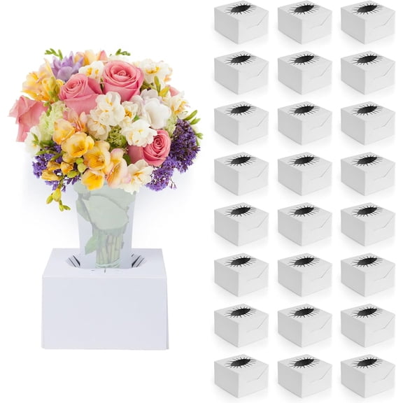 Flower Transportation Box - 25 Pack 6 x 6 x 4.1 Inch, Flower Boxes for Arrangements, Quick Pop & Lock Setup, Made from Recycled Cardboard, Fits 2-6 Vases