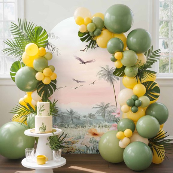 Flower Tree Bird Arch Backdrop Cover, 7.2FT, Yellow Pink Floral Leaf Grass Palm Tree Birds Gradient Pink Spandex Arch Covers Backdrop for Wedding Birthday Party Photo Background Decoration