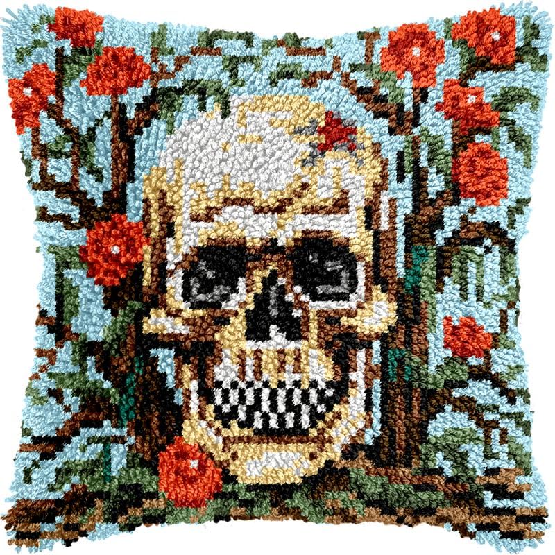 Flower Tree Growing Skull Latch Hook Pillow Kits Cushion Pillowcase with Pattern Printed Canvas Sofa Hooking Pillows Crafts Embroidery Latch Hooking Crochet Kits 17x17 inch(24)