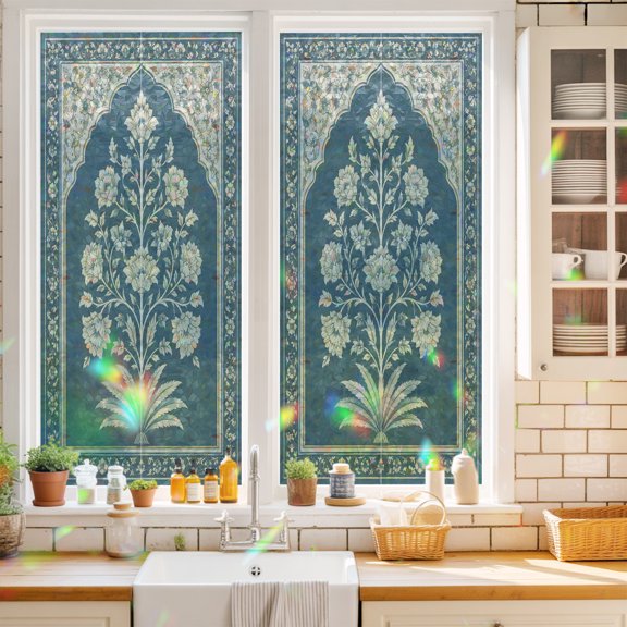 Flower Tree Leaves Window Privacy Film Vintage Traditional Floral Border Arched Frame Static Cling Stained Glass Window Film Non-Adhesive Decorative Decals Rainbow Sticker 17.7"X39.3"