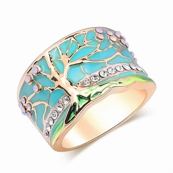 Womens Flower Tree Ring European Inspired Gold Plated Ring with Pink Opal and Green Enamel Wide Band Unique Design