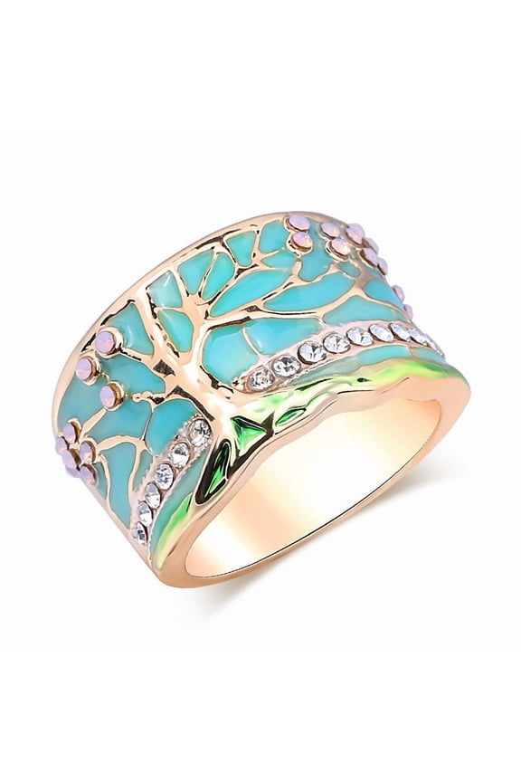 Flower Tree Rings Fashion Gold Pink Opal Green Enamel Wide Ring For woman Party Crystal Vintage Jewelry