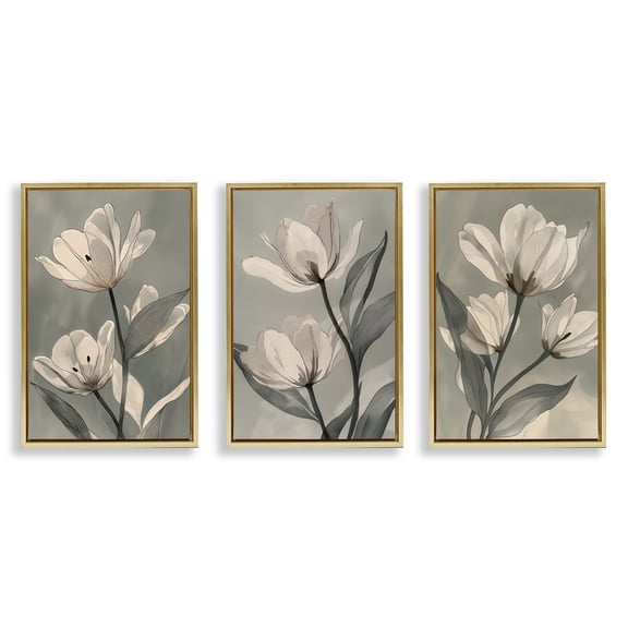 Stupell Industries Flower Trios Portraits 3 Piece Gold Framed Floater Canvas Set, design by Annabelle Hall, 25 x 17