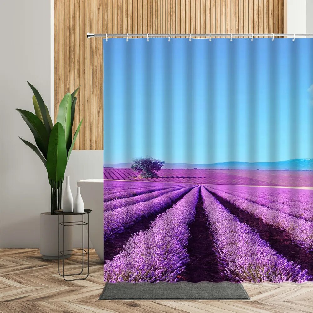 Flower Tulip Shower Curtains Purple Bathroom Green Tree Scenery Bathtub