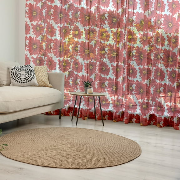 Flower Tulle Curtains with Rod Pocket, Blossoming Nature Themed Fresh Seasonal Romantic Spring Bouquet, Sheer Drape for Wedding Party 2 Panels, 7 Sizes, Pale Pink Vermilion, by Ambesonne